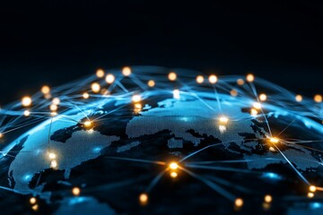 Poster - a digital representation of global connectivity showcasing a world map lit with blue and orange poin