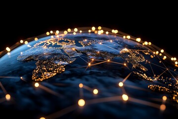Poster - An artistic representation of a globally connected digital network, showcasing glowing nodes and intricate web-like structures symbolizing communication and technology.