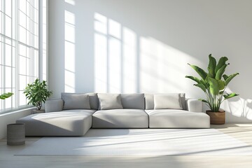 Poster - Modern living room with a light gray sectional sofa, bright sunlight streaming through large windows, and green plants. Generative AI