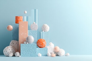 Poster - An artistic arrangement of geometric blocks and spheres with varied textures on a light blue background, showcasing a modern aesthetic and creative design.