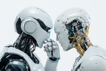 Poster - A close-up view of two advanced robotic figures, one with exposed circuits, face-off in an intense and dramatic pose showcasing technological evolution.