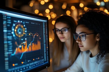 Poster - Two committed analysts with an illuminated backdrop work together on complex data visualizations, highlighting teamwork and the interaction between technology and insight.