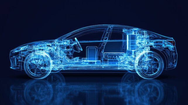 Electric car chassis x-ray with battery on blue, modern vehicle technology concept in focus