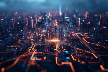 Poster - This image showcases a futuristic cityscape with glowing circuit-like structures and towering skyscrapers, reflecting a blend of technology and urban life.