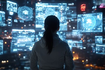 Poster - a silhouette is seen in front of multiple digital screens, encapsulating concepts of technology, sur