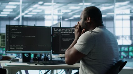 Poster - admin working in computer network security data center suffering from cold, sneezing. ill african am