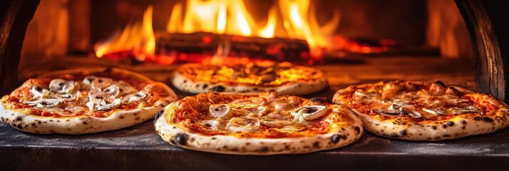 Poster - Several pizzas are baking in a blazing hot oven, showcasing golden crusts and bubbling cheese in a cozy atmosphere. Generative AI