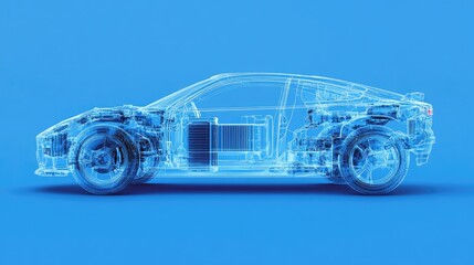 Poster - X-ray chassis of modern electric vehicle with battery cells on blue background, futuristic tech concept