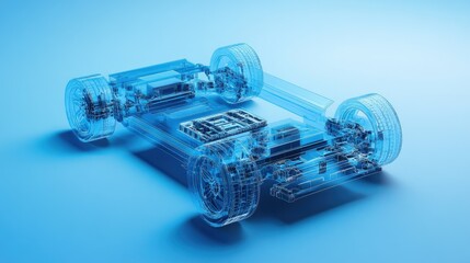 Poster - X-ray view of electric vehicle chassis, highlighting battery structure on blue background