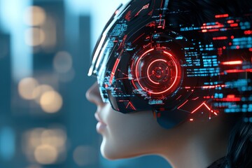 Poster - A close-up view of a person wearing an advanced augmented reality headset, surrounded by digital data, capturing the essence of futuristic technology integration.