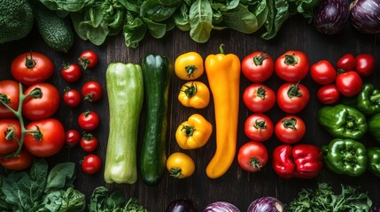 Poster - Rows of fresh vegetables in a garden highlight a variety of peppers, tomatoes, and greens thriving under summer sunlight. Generative AI