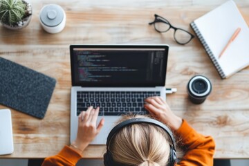 Poster - overhead view of an individual actively coding on a laptop, with headphones on, signifying concentra