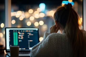 Poster - A woman works on coding at her laptop in a dim room with a stunning night light backdrop, signifying dedication, tech, and the mystery of night work.
