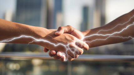 A close-up of two hands, one male and one female, shaking hands with an electric energy effect symbolizing partnership and collaboration.