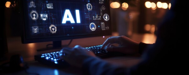 AI-Driven Workspace with High-tech Computer Interface at Night