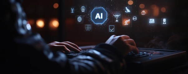 AI-Driven Workspace with High-tech Computer Interface at Night