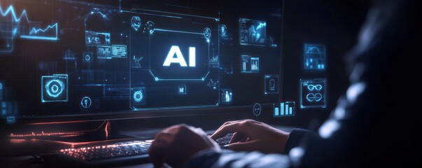 AI-Driven Workspace with High-tech Computer Interface at Night