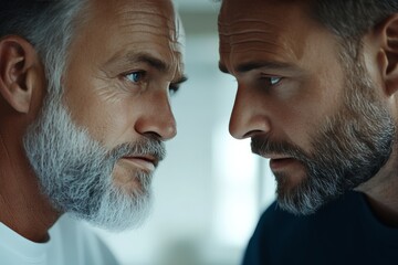 Two mature men with grey beards staring intently at each other, creating an atmosphere of intensity and engagement, possibly conveying conflict or deep conversation.