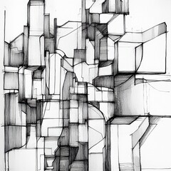 Poster - This artwork showcases an abstract urban landscape created with black ink, featuring geometric shapes and intricate lines representing a city. Generative AI