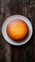 Wall Mural - Delicious round cake sitting on white plate on rustic wooden table, shot from above