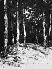Leinwandbilder - A dense forest captured in black ink, highlighting intricate tree details and captivating shadows beneath a leafy canopy. Generative AI