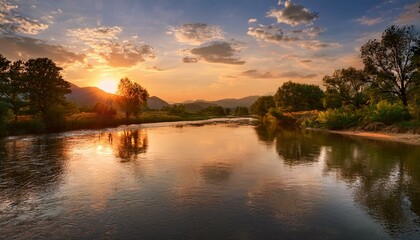 Wall Mural - Golden sunset over a calm river