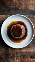 Wall Mural - Sticky toffee pudding is covered in sauce on a white plate on a rustic wooden table