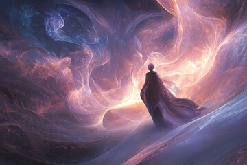 Poster - A figure in a flowing cape stands amidst swirling cosmic colors in a serene and ethereal landscape at twilight. Generative AI