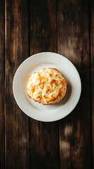 Wall Mural - Freshly baked buttermilk biscuit is sitting on a white plate, on top of a dark wooden table, waiting to be eaten