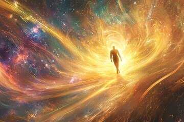Poster - A figure walks through a vibrant cosmic landscape filled with swirling galaxies and radiant colors during the dawn of creation. Generative AI