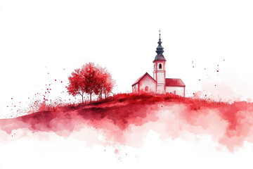 Red watercolor painting of church on hill in countryside