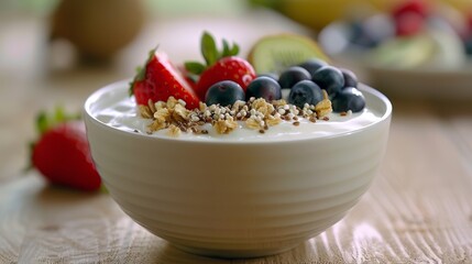 Wall Mural - A healthy breakfast bowl of yogurt fresh fruit and a sprinkle of sprouted buckwheat for added crunch and nutrition.