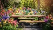 © CLOVER BACKGROUND - Colorful Garden with Wooden Table in Springtime Bloom