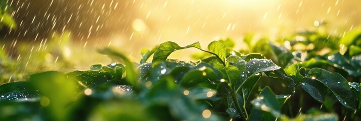 Poster - Gentle rain falls on a thriving vegetable garden, leaving beads of water on lush green leaves, creating a serene and refreshing atmosphere. Generative AI
