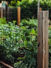 Poster - The wooden fence encloses lush green garden beds filled with vibrant plants, creating a peaceful outdoor space filled with life. Generative AI