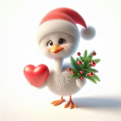 Wall Mural - 3d Cute fluffy christmas ostrich doing mini heart pose, full body, white background