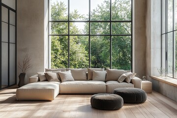 Poster - A modern living room with large windows overlooking greenery and a stylish sectional sofa in natural light during daytime. Generative AI