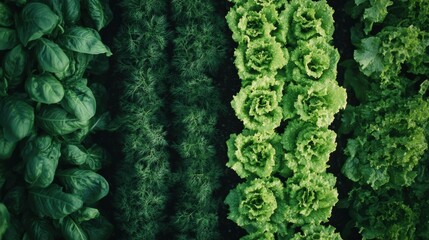 Poster - A vibrant selection of freshly picked lettuce, dill, and basil arranged neatly in a garden, showing off nature's green bounty. Generative AI