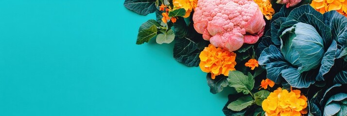 Poster - Vibrant flowers and fresh vegetables combine in a colorful display, showcasing blooming cabbage and cauliflower in springtime sunlight. Generative AI