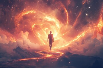 Poster - A lone figure walks through fiery cosmic clouds toward a glowing portal, representing adventure and exploration within the universe. Generative AI