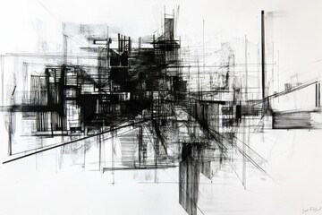 Fototapete - An intricate urban landscape unfolds through bold black ink lines, creating depth and structure against a minimal white backdrop. Generative AI