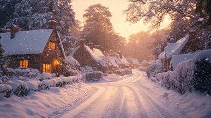 Poster - A picturesque winter village features charming cottages adorned with glowing windows as snow gently falls, creating a tranquil evening atmosphere.