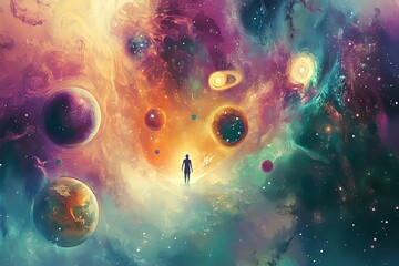 Poster - A solitary figure stands in a colorful, cosmic landscape filled with planets and swirling galaxies, representing exploration and wonder. Generative AI