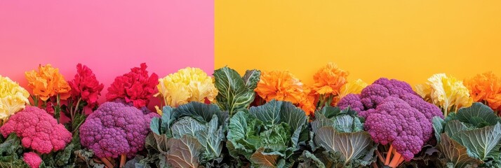 Poster - Vibrant flowering plants such as cabbage and squash showcase their rich colors alongside bold pink and orange backdrops. Generative AI
