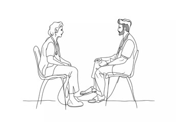 A continuous line drawing of a doctor with a patient, a vector illustration in a simple, minimalistic style on a white background