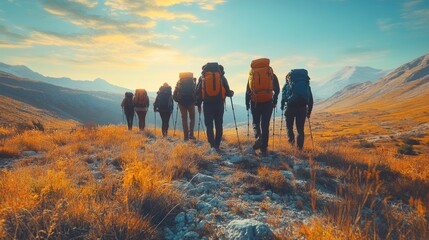 Poster - A group of hikers with sturdy backpacks walk along a rocky trail, surrounded by golden grass and majestic mountains under a vibrant sky at dusk.