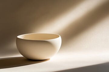 Poster - Elegant minimalist ceramic bowl displayed in natural light against a soft, neutral background showcasing its smooth curves. Generative AI