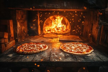 Poster - Pizzas are cooking in a wood-fired oven, surrounded by bright flames and crackling wood, creating a delightful culinary experience. Generative AI