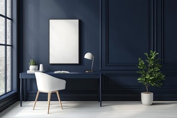 Poster - Modern home office featuring a sleek desk, bright white chair, and greenery against a deep blue wall during daylight hours. Generative AI