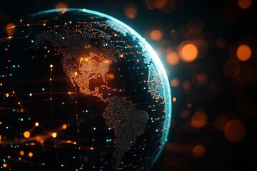 Fototapete - A glowing digital globe showcasing North and South America amid vibrant connected dots in a dark setting. Generative AI
